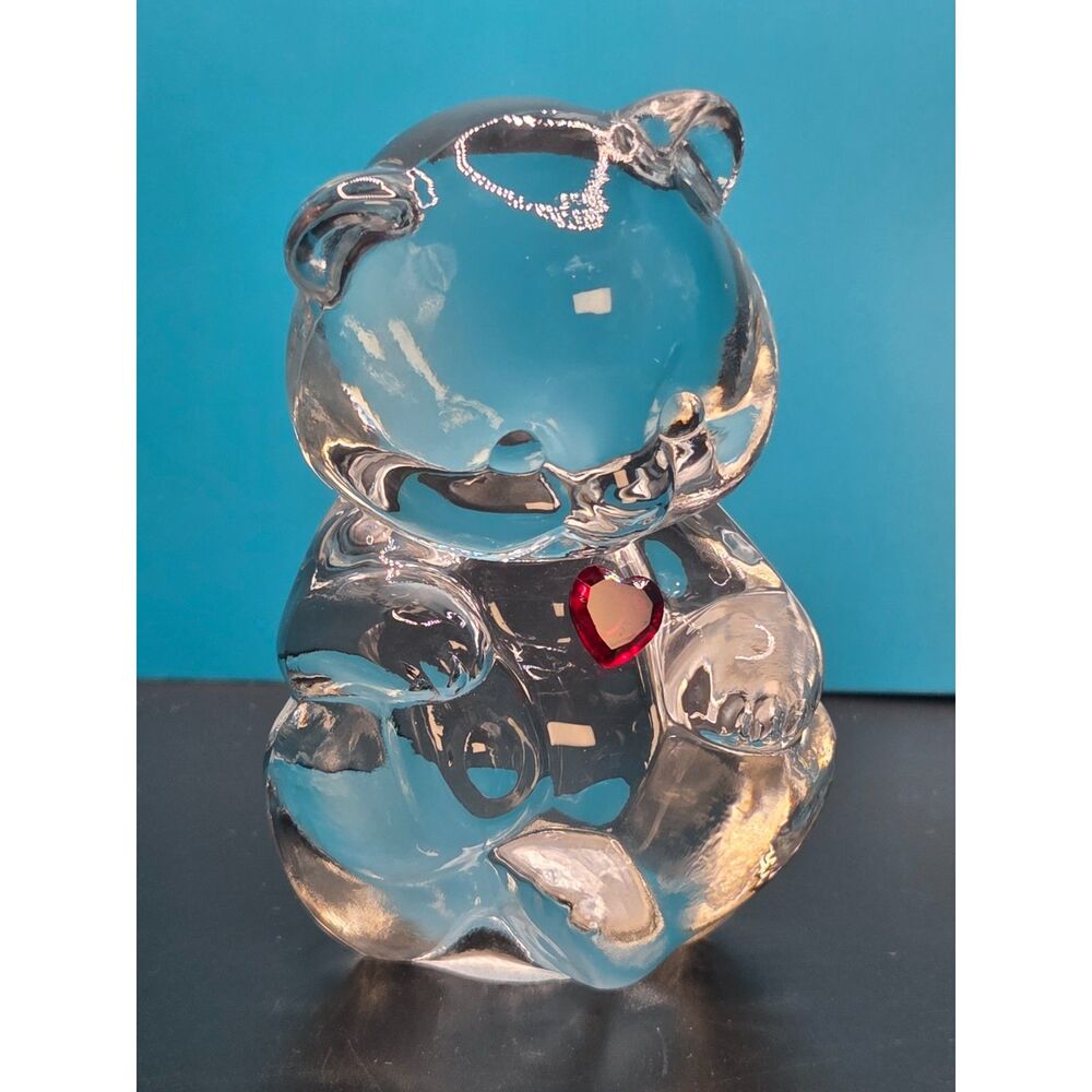 Adorable Fenton Clear Glass Bear with Red Heart 3 1/2" Tall